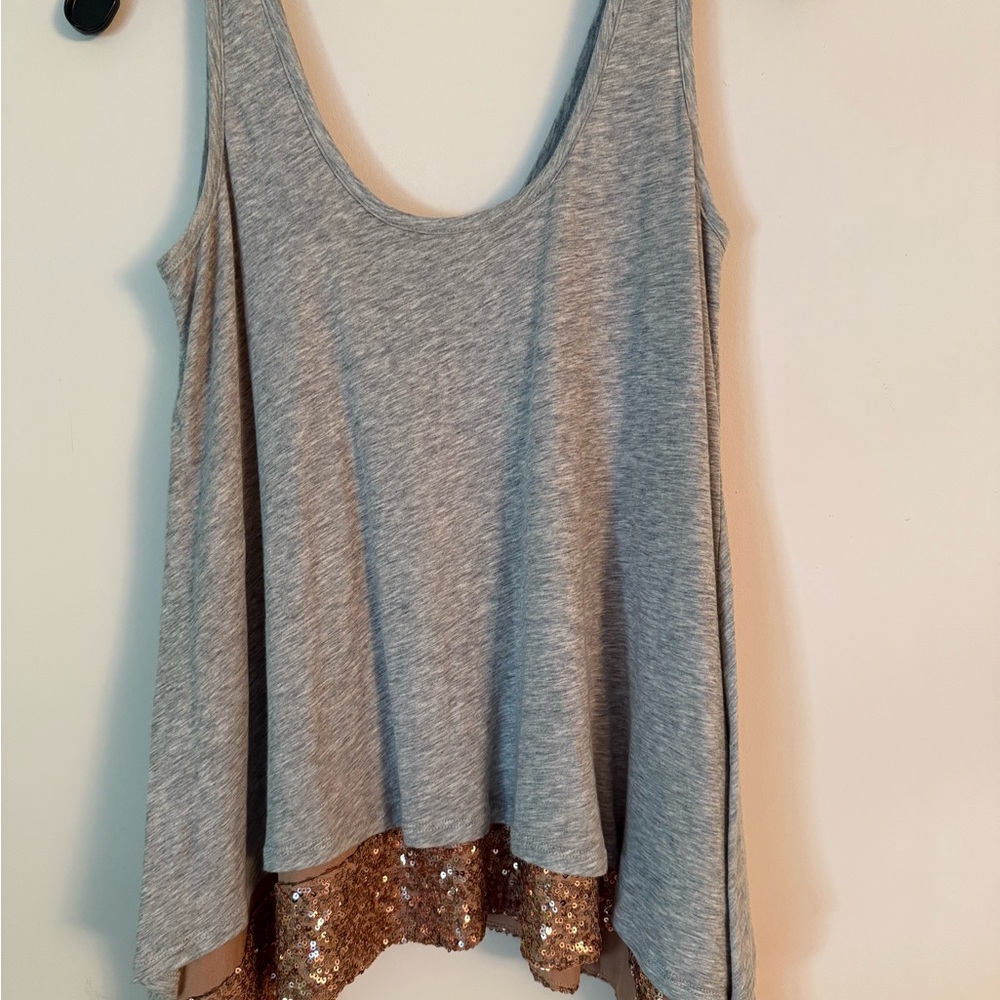 LaRok Gray Tank Top with Gold Sequin Hem
